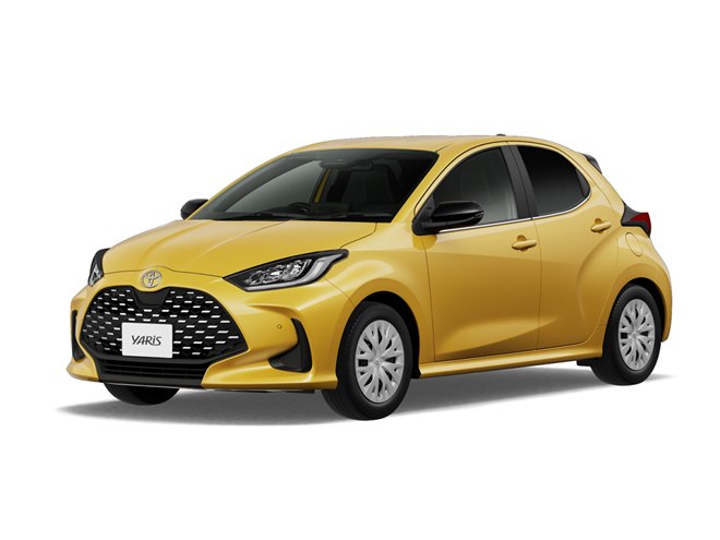ヤリス2020_3 | 車買取のソコカラ Yellow Toyota Yaris hatchback in a three-quarter front view on a white background