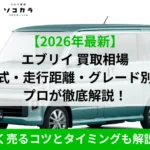 『【2026年最新】エブリイ 買取相場 年式・走行距離・グレード別に プロが徹底解説！』と書かれた車の画像。左上にロゴ、下部には『高く売るコツとタイミングも解説！』の緑色バー。