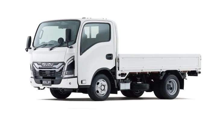White Isuzu ELF light-duty flatbed truck shown from a side-front angle, facing left against a white background.