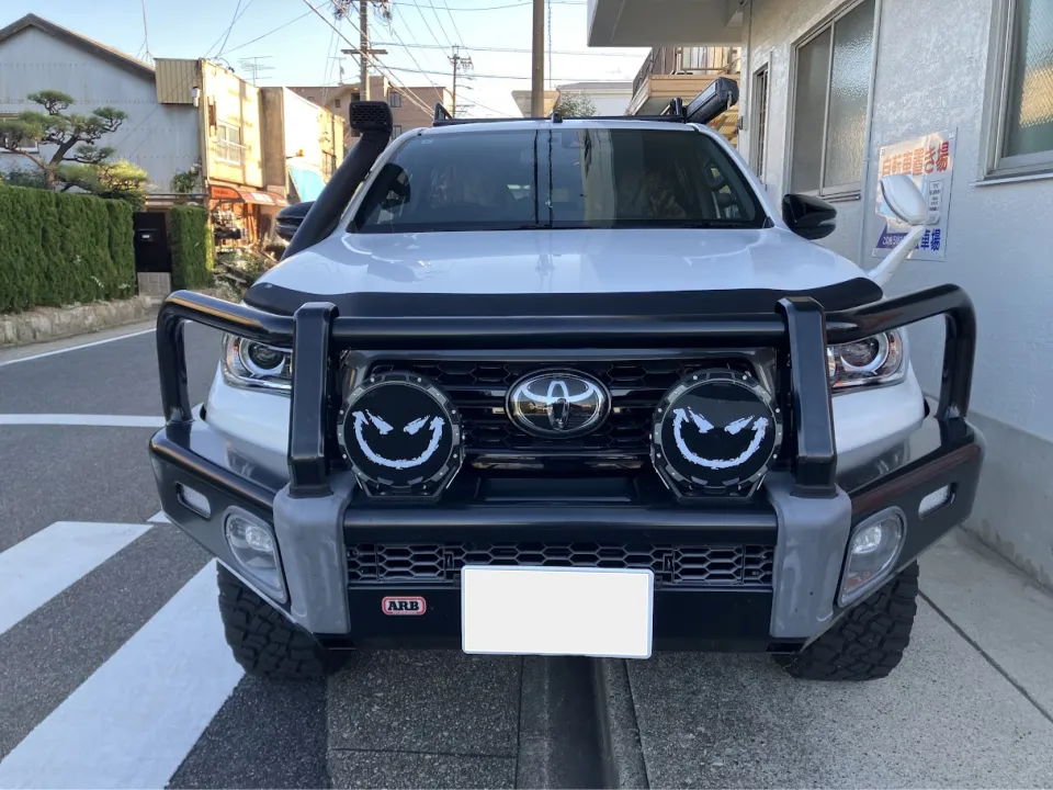 Front view of a white Toyota SUV with a heavy-duty bull bar, two round off-road lights, and a snorkel on a street.